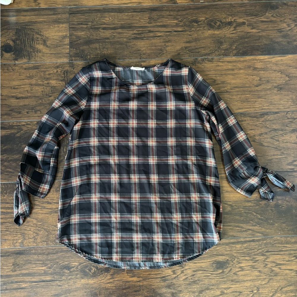 Small Holiday Plaid 3/4 Sleeve Blouse by Les Amis